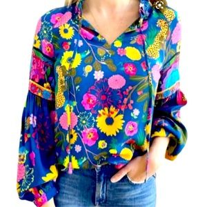 Emily Lovelock Blue Floral Jaguar Print Boho Blouse with Peasant Sleeves